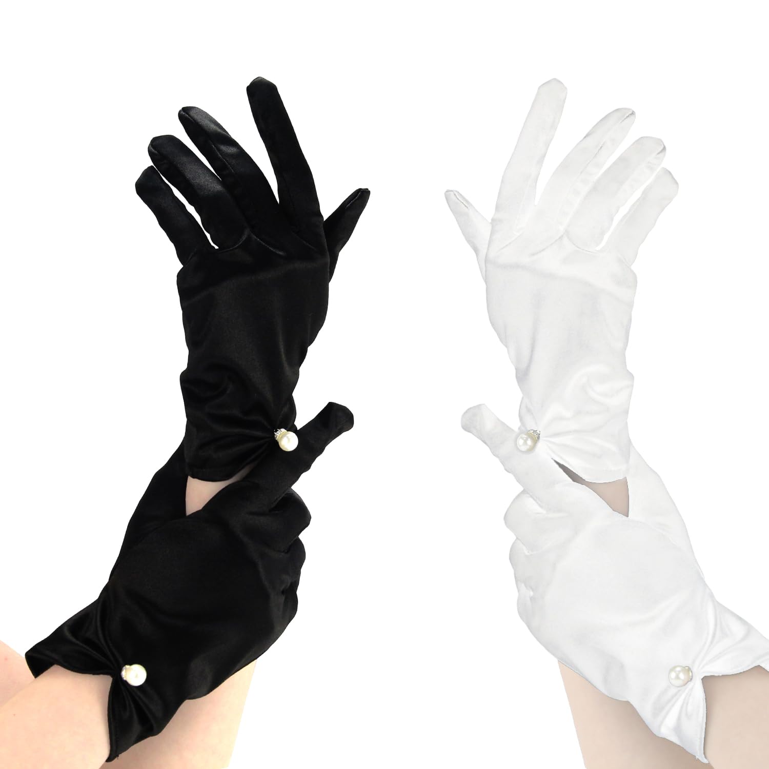 OMIGA Satin Gloves - Ladies Elegant Short Silk Pearl Uniform Opera Banquet 1920s Flapper Accessories Floral Tea Party Tuxedo Gloves for Wedding Party (Black/White)