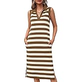 Wenrine Women's Striped Summer Dress Casual Polo V Neck Sleeveless Slit Loose Fit T Shirt Midi Dresses
