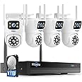 Hiseeu Wireless Security Camera System [WiFi-Pro&Power Supply] 4 Cam-Kit,Dual Lens,No Subscription,Security Cameras Outdoor with 360° Pan & Tilt, Auto Tracking,Color Night Vision,5G&2.4G WiFi,1TB