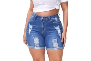 Gboomo Womens Plus Size Jean Shorts High Waisted Distressed Denim Shorts Casual Ripped Fold Hem Short Jeans