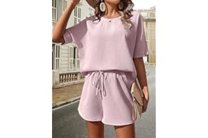Women's 2 Piece Outfit Waffle Knit Batwing Short Sleeve Top Drawstring Waist Shorts Matching Set Soft Breathable Daily Wear