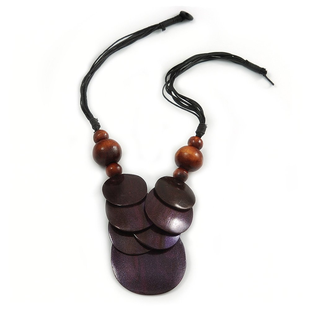 Avalaya Statement Purple/Brown Wood Bead Pendant with Black Cotton Cords - 46cm L