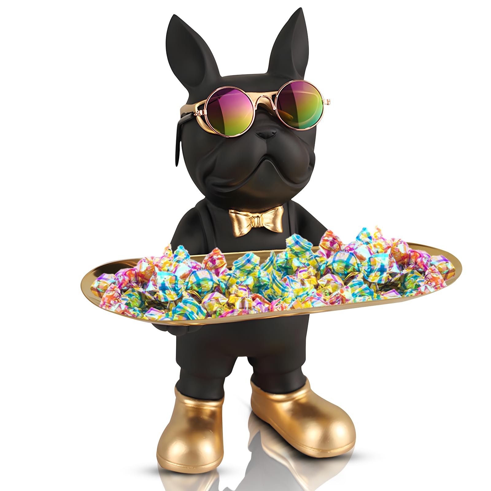French Bulldog Statue,Resin Bulldog Decor with Tray, Candy Dish Key Holder Bowl Storage Ornament Sculpture for Home Decor,Accessories for Office Desk Figurines Entryway Table Decor (Standing,Black)