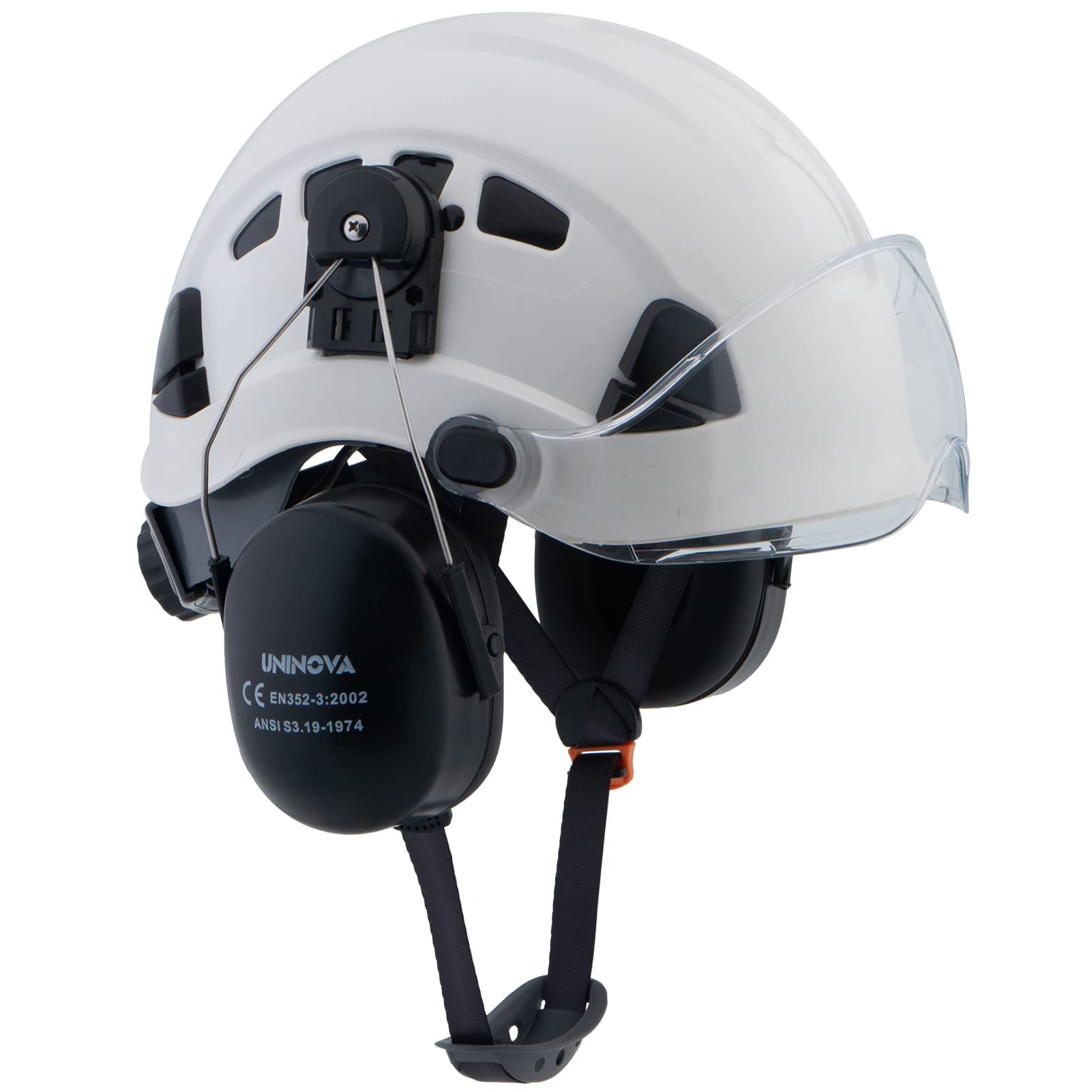 Photo 1 of UNINOVA Arborist Helmet with Visor and Earmuffs, OSHA Safety Hard Hat for Forestry, Logging, Trimming, Mowing, Climbing, Garden Work (A91 White+Clear Visor+Earmuffs)
