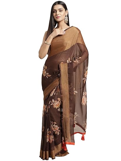 Shaily Womens Brown Georgette Printed Saree