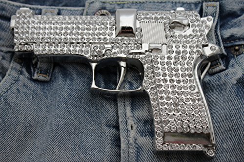 TFJ Men Hip Hop Fashion Belt Buckle Gun Pistol Handgun Iced Out Silver Color