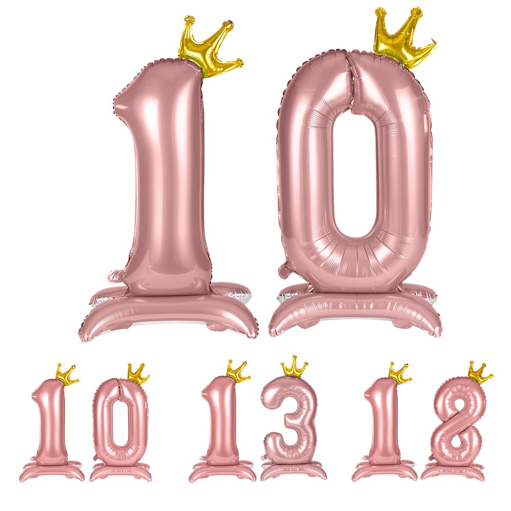 APXEL Pink Standing Crown Number 10 Balloons, 42 Inch Large Foil Number 1 & 0 Balloons, Self Inflating 10th Birthday Balloon for 10 Year Anniversary Birthday Party Christmas Decorations