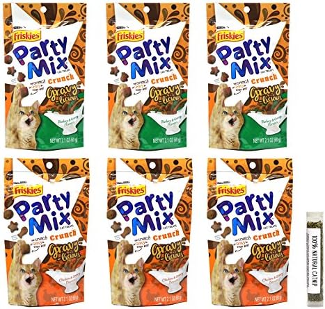 Amazing Cat Purina Friskies Party Mix Crunch Gravy-Licious Variety Pack, 2 Flavors (Turkey & Chicken), 2.1 Ounces (6 Total Pouches)