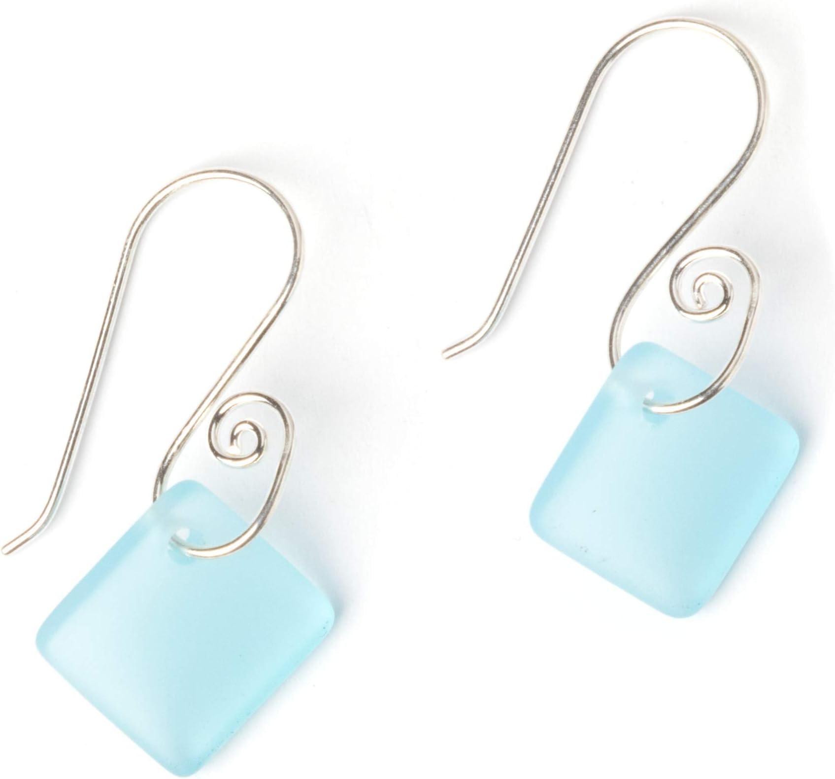 French Curve Sea Glass Earrings (Aqua) - Sterling Drop Beach Earrings for Women by EcoSeaCo, using sustainable, recycled and repurposed material. Handmade Jewelry in the USA