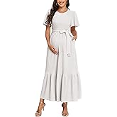 AISWI Maternity Short Sleeve Maxi Dress with Belt Crew Neck Pregnancy Tiered Ruffle Flowy Pocket Dresses Baby Shower