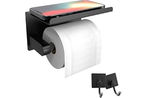 SUSSWIFF Toilet Paper Holder with Phone Shelf+ Two AdhesiveTowel Robe Hooks, Self Adhesive or Screw Wall Mounted Toilet Paper Roll Dispenser, Rustproof Bathroom Tissue Roll Holder with Shelf (Matte Black)