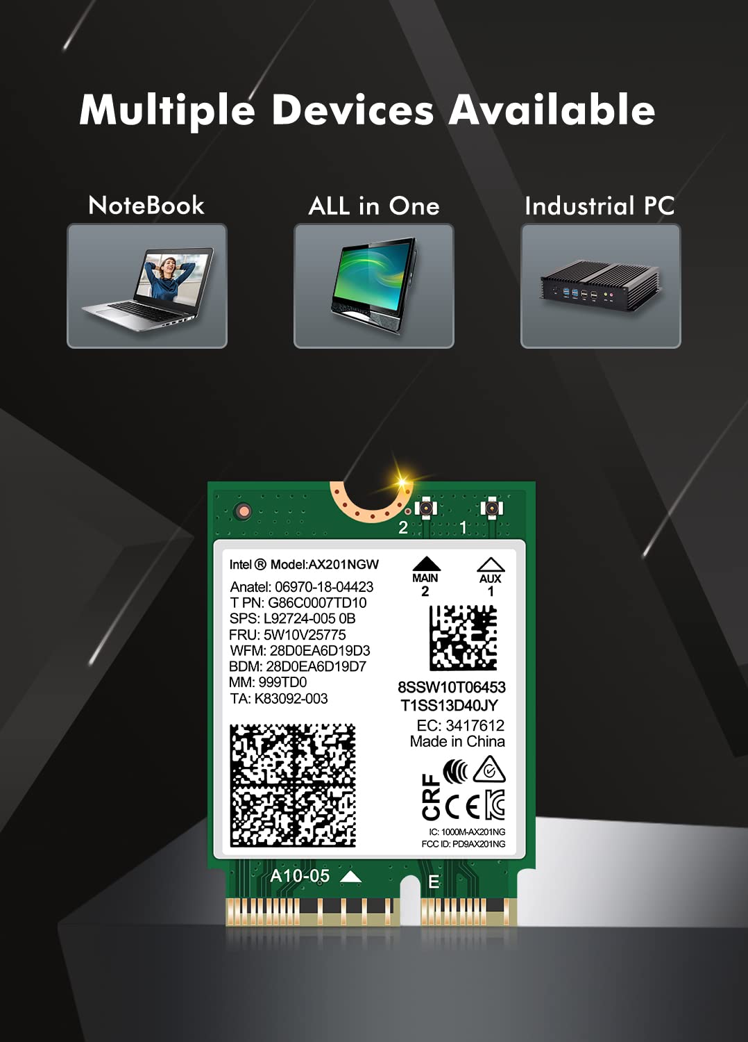 WiFi 6 Wireless Card Intel AX201 NGW. Only Support CNVio2 Protocol and Intel 10/11/12/13th Generation CPU, Bluetooth 5.2, 2400Mbps, Network Adapter for Laptop Support Windows 10/11 (64bit),Linux.