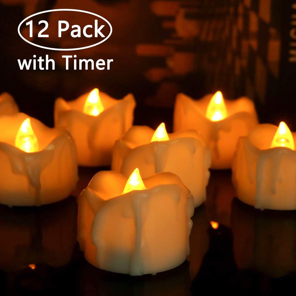Horeset Flameless Candles with Timer, Amber Yellow Flickering Tealights Battery Operated Votive Candles for Church Christmas Wedding Birthday Home (12 Pack)