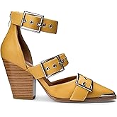 Migpuel Western Sandals for Women Chunky Wedge Heels Pointed Toe Pumps Ankle Strap Metal Buckle Strappy Heels Comfortable Fashion Casual Dress Shoes