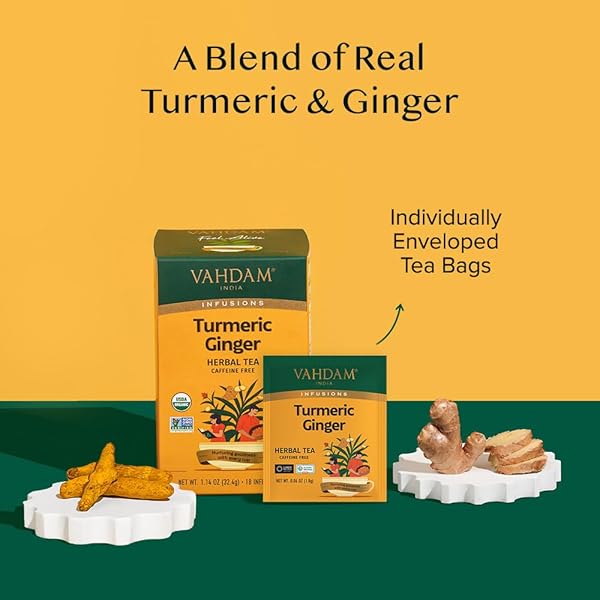 VAHDAM, ORGANIC TURMERIC GINGER HERBAL TEA BAGS (18 COUNT) CAFFEINE FREE, GLUTEN FREE | 100% PURE HERBAL BLEND – EARTHY & SAVORY | ECO-FRIENDLY INDIVIDUALLY WRAPPED TEA BAGS | DIRECT FROM SOURCE