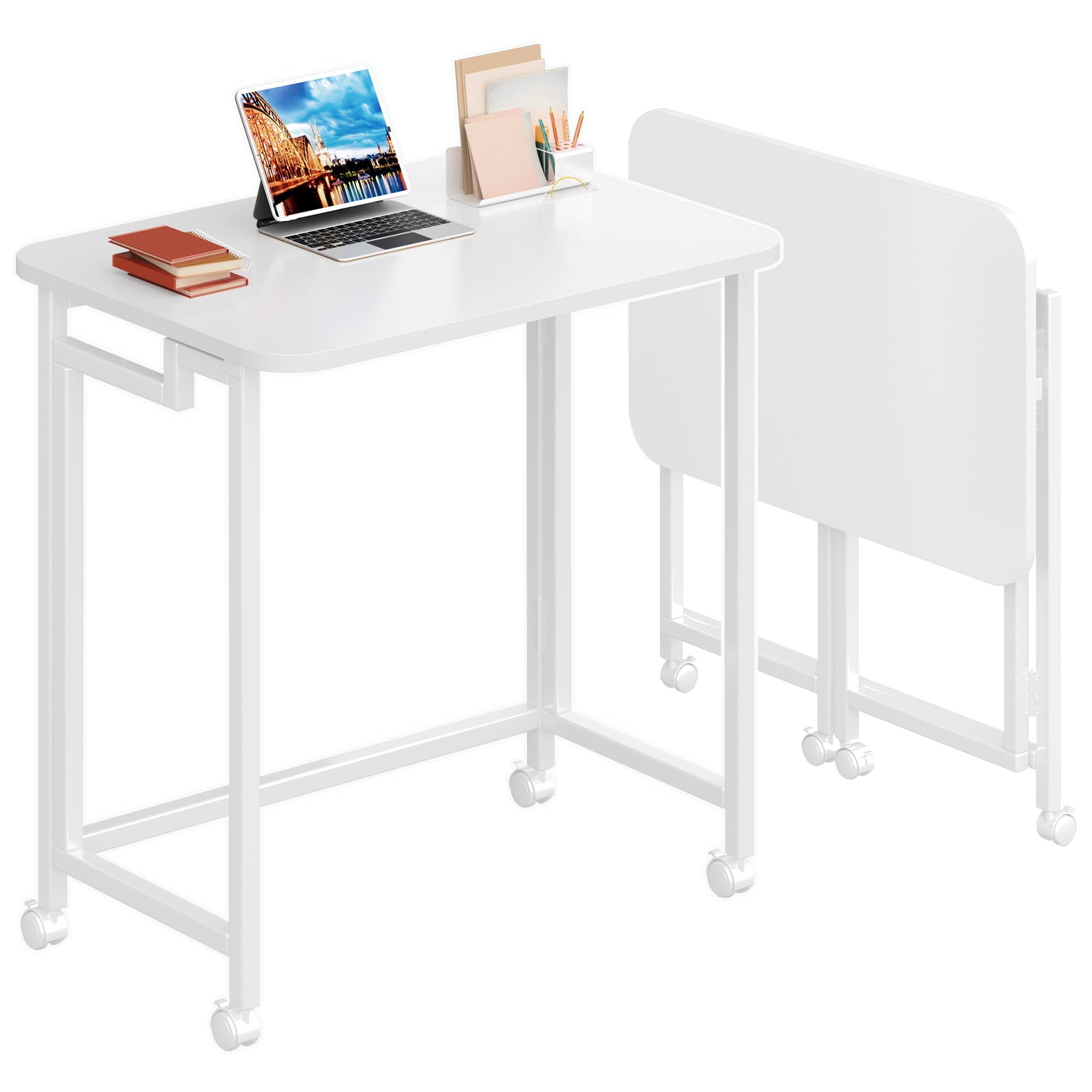 Photo 1 of 4NM 23.6" Mobile Small Rolling Computer Desk, Folding Laptop Cart Table with Wheels, Portable Office Desk for Small Space Couch Bed - All White