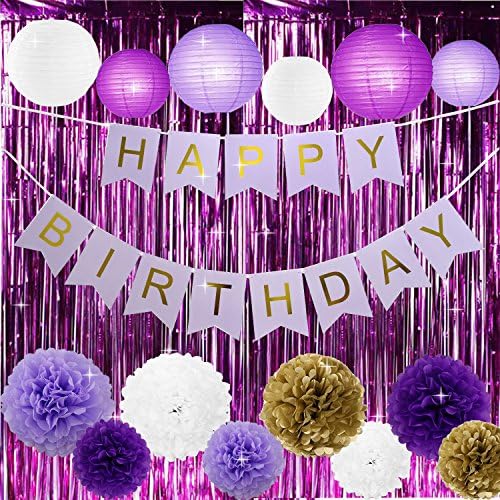 Kubert Light purple and purple Party Supplies with Balloons Tissue Flowers Paper Lanterns Garland Fringe Curtain for Baby Shower Girl Birthday Decorations
