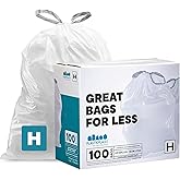 Plasticplace Trash Bags, Compatible with Simplehuman Code H, 8-9 Gallon Trash Can Liners, White Drawstring Garbage Bags, 100 Count Heavy Duty