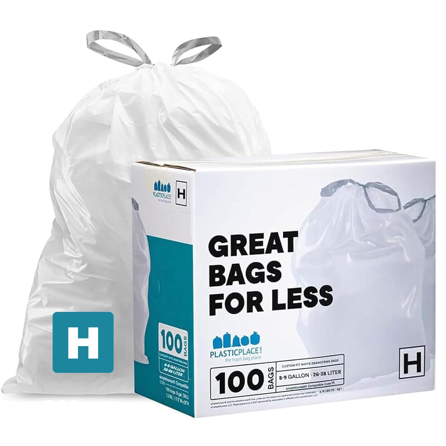 Photo 1 of Plasticplace Trash Bags, Compatible with Simplehuman Code H, 8-9 Gallon Trash Can Liners, White Drawstring Garbage Bags, 100 Count Heavy Duty