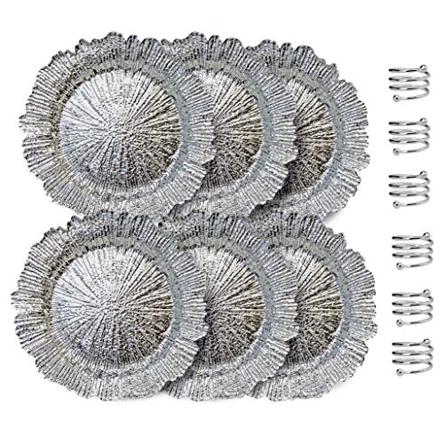 Home Collectives 13 Inch Round Elegant Serve ware Charger Plates with Matching Napkin Rings, Wedding, Dinner party, Event - Choose from our Variety of Styles and Quanties (6, Reef Silver)