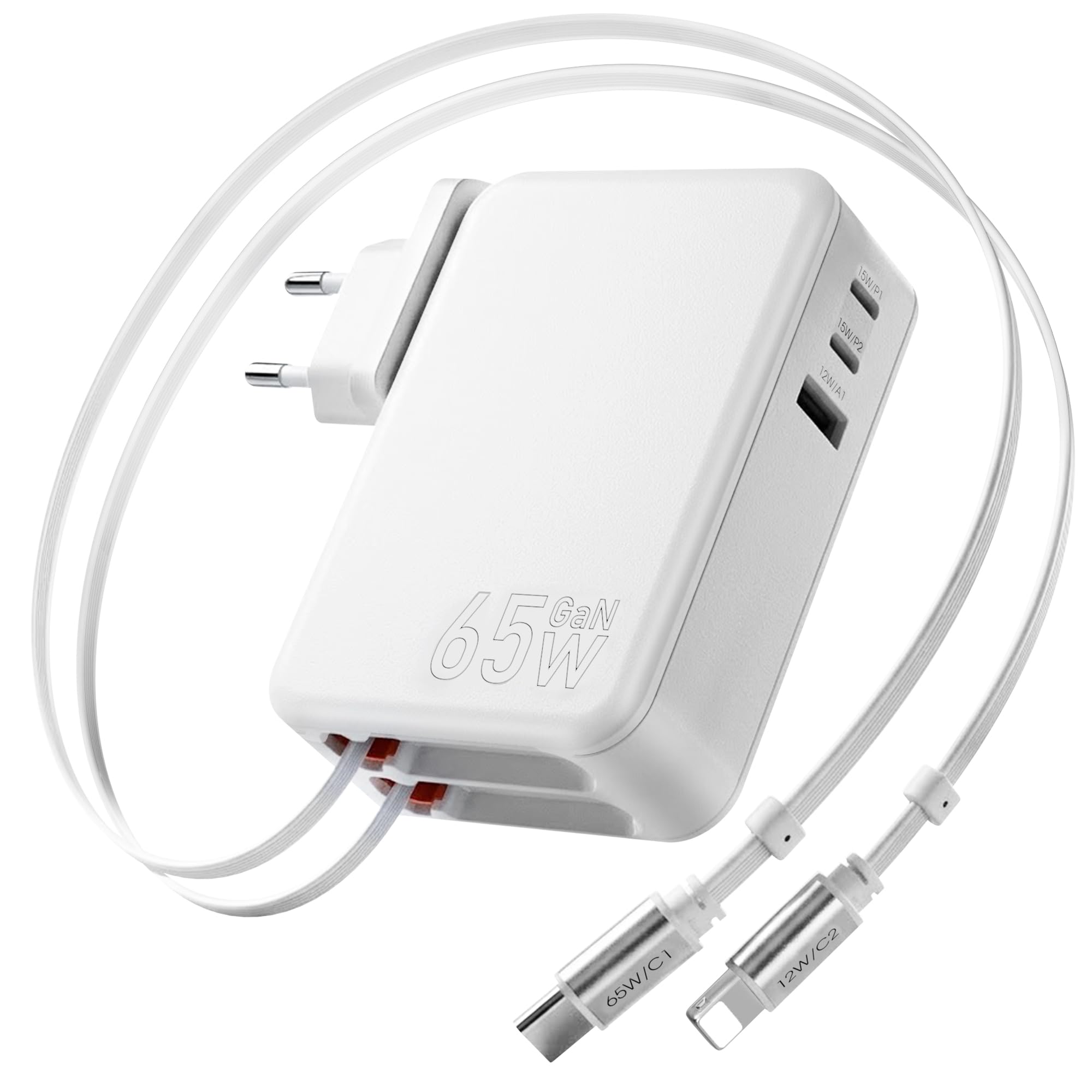 5 in 1 USB C Einziehbares Ladegerät 65W 3 Port Netzteil Retratable Charger
