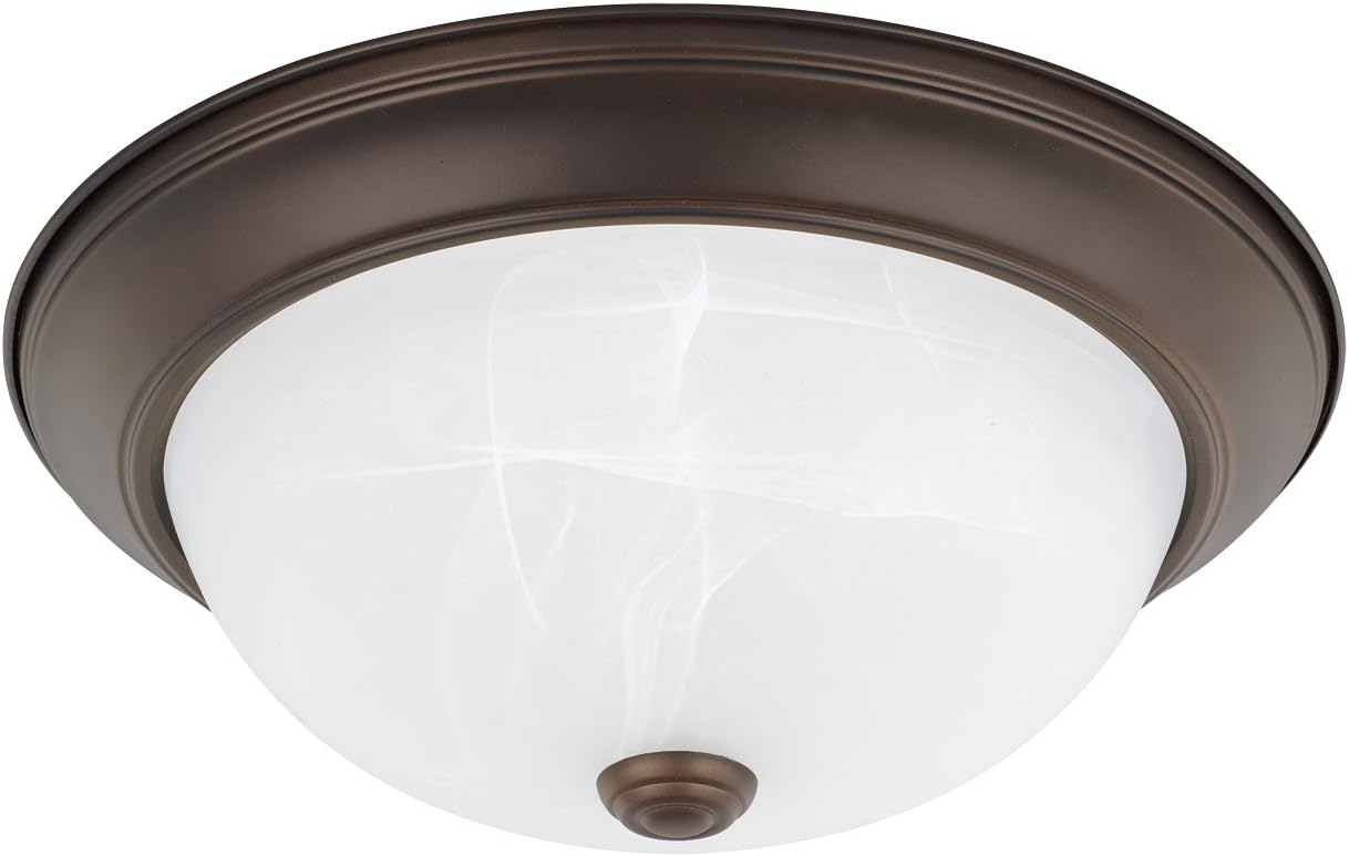 HomePlace Lighting 219022BZ Bates Traditional White Faux Alabaster Glass Bowl Flush Mount Ceiling Light, 2-Light 120 Total Watts, 5" H x 13" W, Bronze
