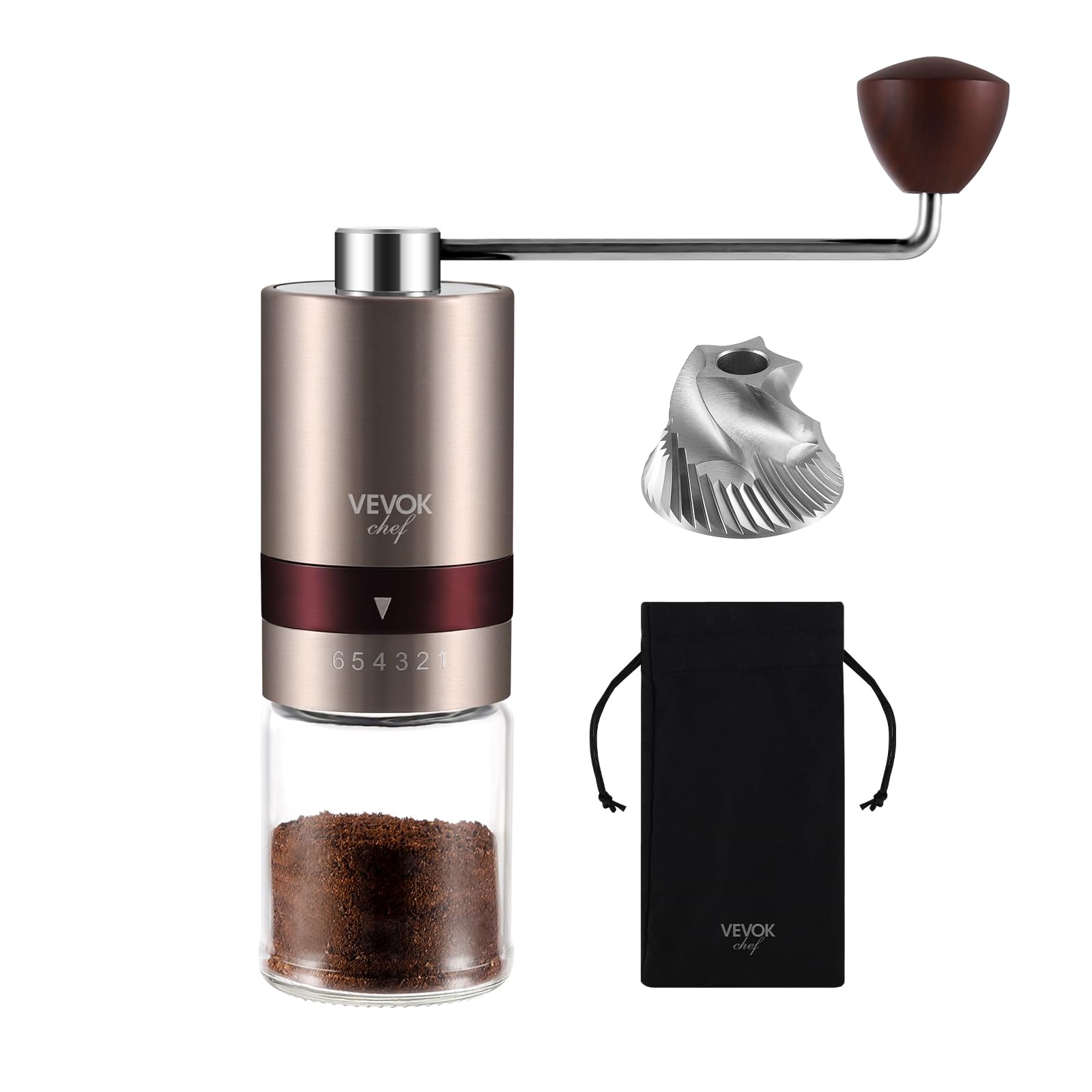 Vevok Chef Manual Coffee Grinder with 6 External Adjustable Coarseness for Espresso to French Press, Stainless Steel Conical Burr, Ideal for Home, Office or Travelling, Rose Gold