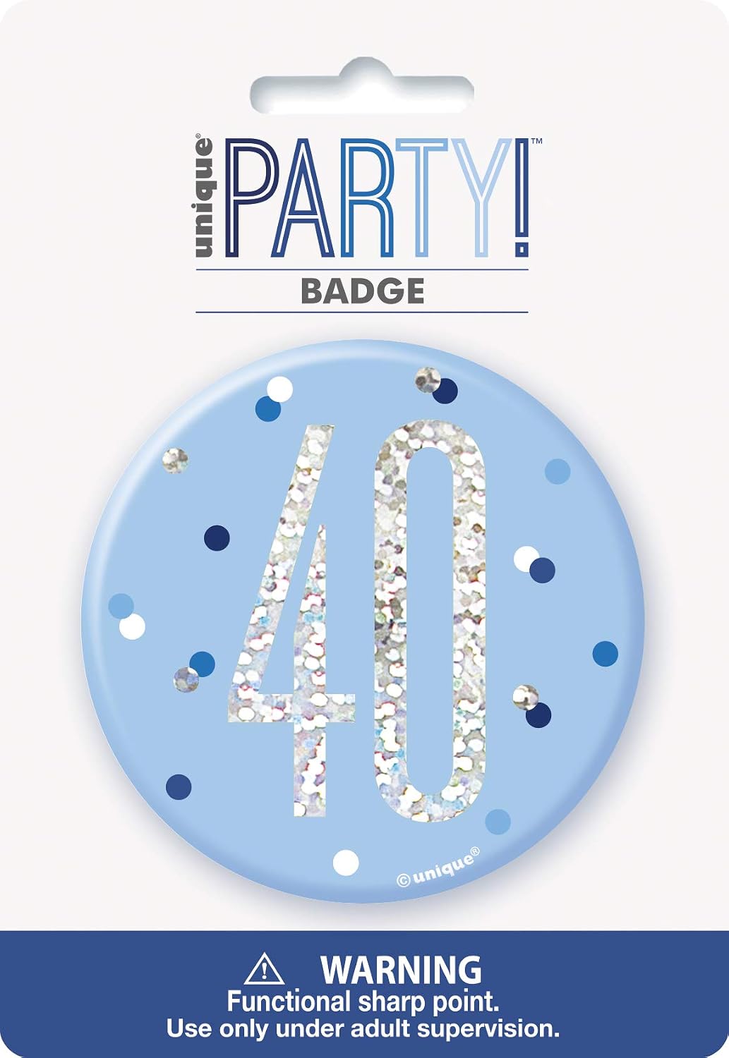 Unique Party 83521-3" Glitz Blue & Silver 40th Birthday Badge, Age 40