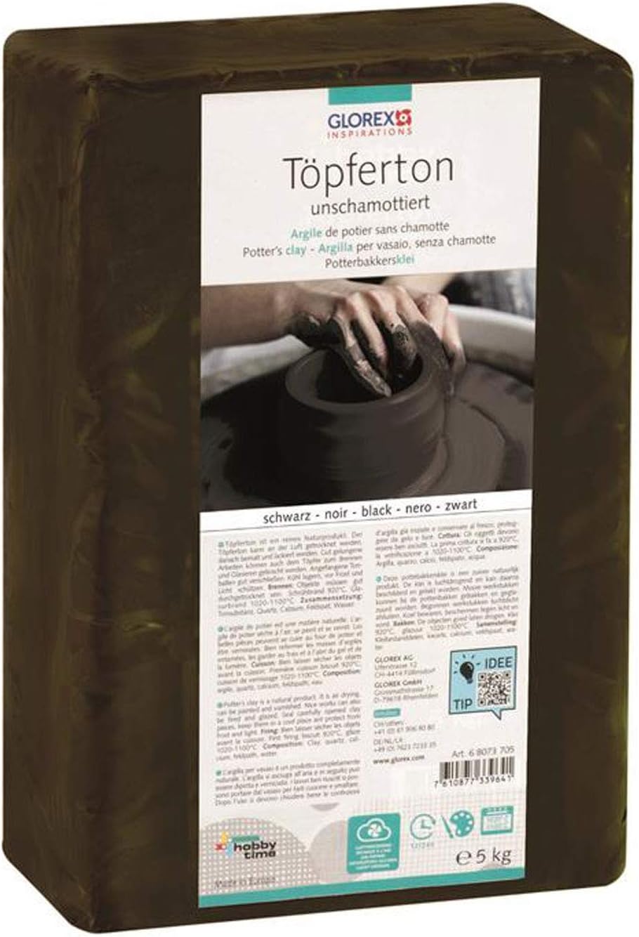 Glorex 6 8073 705, Pottery Clay, Unfired, 5 kg, Black, Suitable for Potter's Wheel