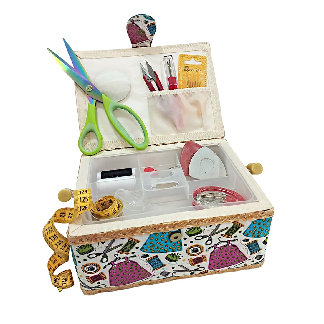 JYC CREATIVE Medium Sewing Box with Sewing Accessories, Fabric Lined Sewing Box with Compartments, Complete Sewing Box, Gift for Mothers, Friends, Sisters,