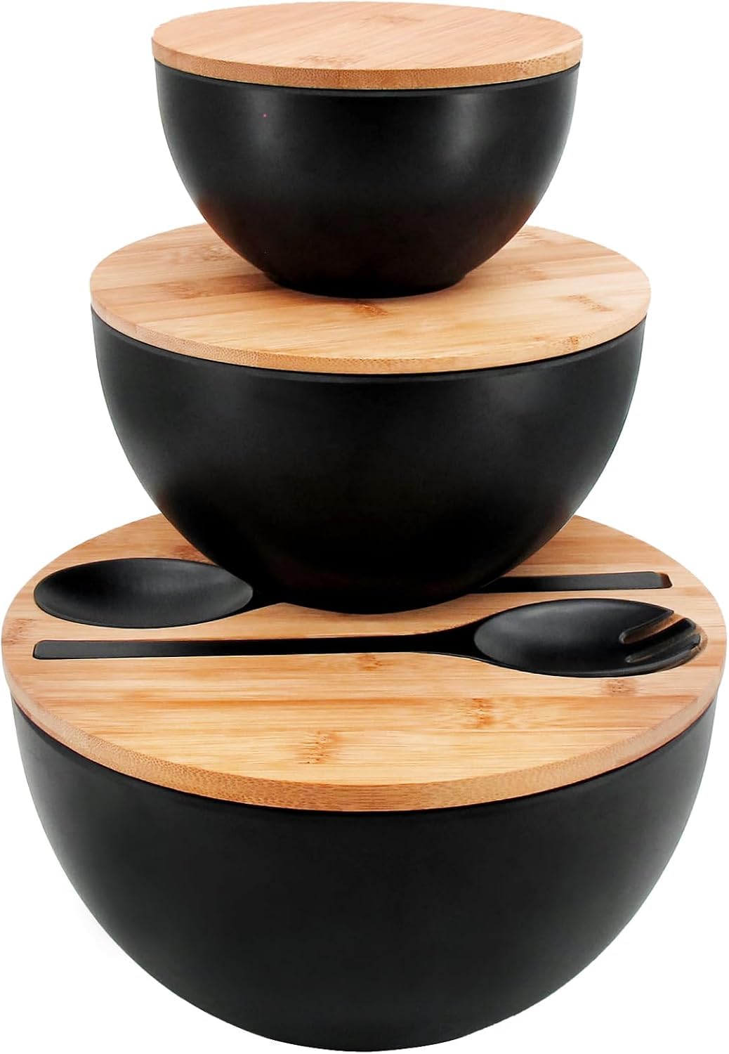 Photo 1 of ECOWAY Salad Bowls Set of 3 with Lid & Serving Utensils, Bamboo Fiber Mixing Bowls Set Large Serving Bowls & Storage Set with Bamboo Lid for Salad, Kitchen Eating, Pasta, Popcorn, Chips, Fruit, Black