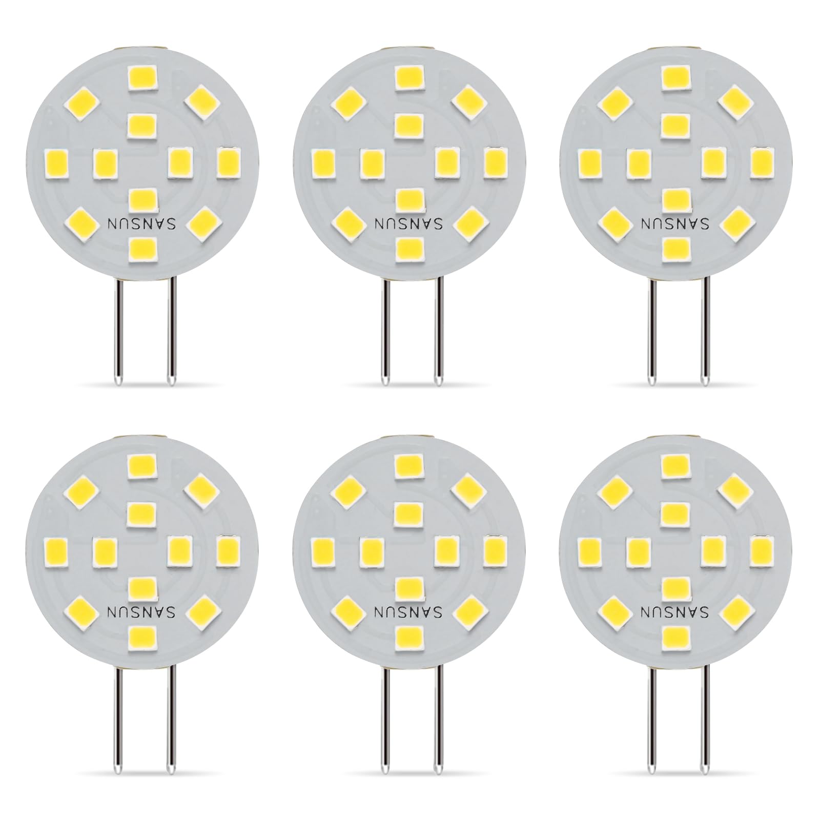 SANSUN G4 LED Bulbs 2W Equivalent to 20W Halogen, G4/GU4/GZ4 Bi-Pin Base, AC/DC12V 4000K 120° Wide Angle, Non-Dimmable (Daylight White, Pack of 6)