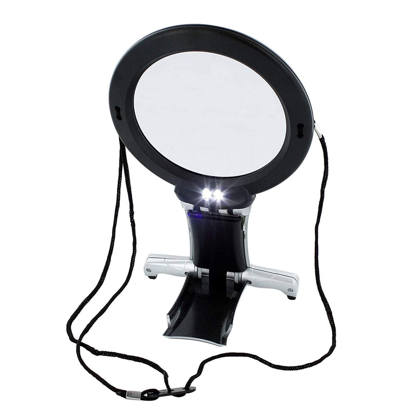 IBLUELOVER 2 in 1 Hands Free LED Illuminated Large & Small Magnifying Glass Neck & Desk Magnifier Stand Reading Magnifier with Light & Neck Cord for Reading, Sewing, Art, Crafts, Jewelry, Hobby