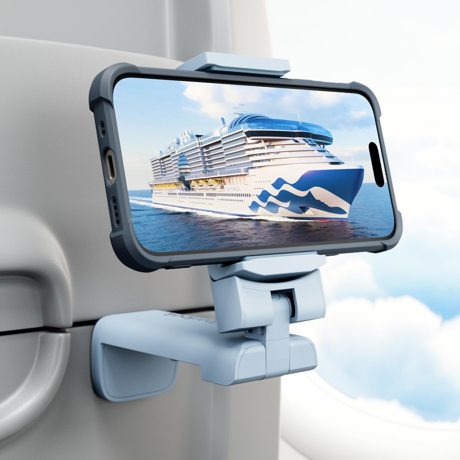 Klearlook 4 in 1 Adjustable Phone Stand - 360 Rotation Handsfree Viewing Flight Phone Holder, Foldable Travel Essentials, Accessory for Home/Office - Blue