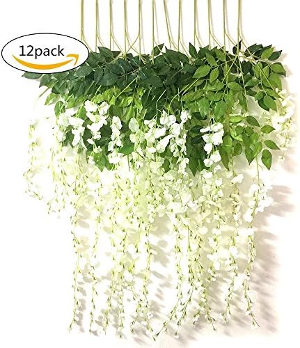 12 Piece 3.6 Feet Artificial Silk Wisteria Vine Rattan Hanging Garland Silk Flowers String for Wedding Decor (White)