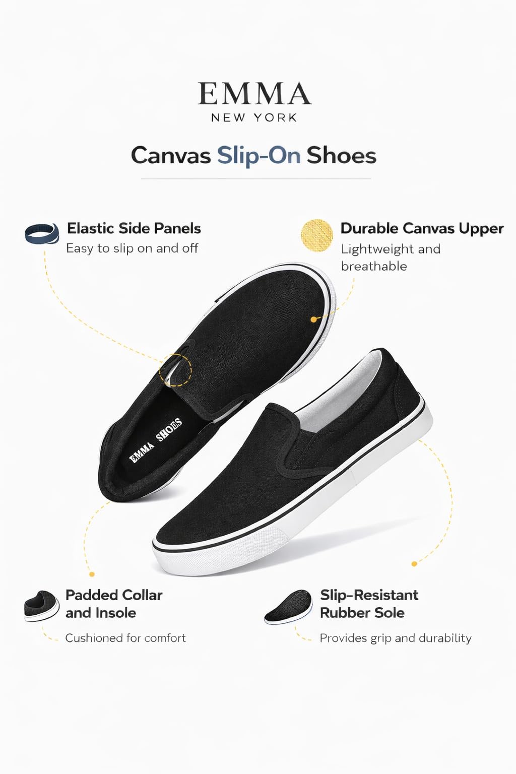 Emma Shoes Low-Top Slip Ons Women's Fashion Sneakers Casual Canvas Sneakers for Women Comfortable Flats Breathable Padded Insole Slip on Sneakers Women Low Slip on Shoes, Black, 8