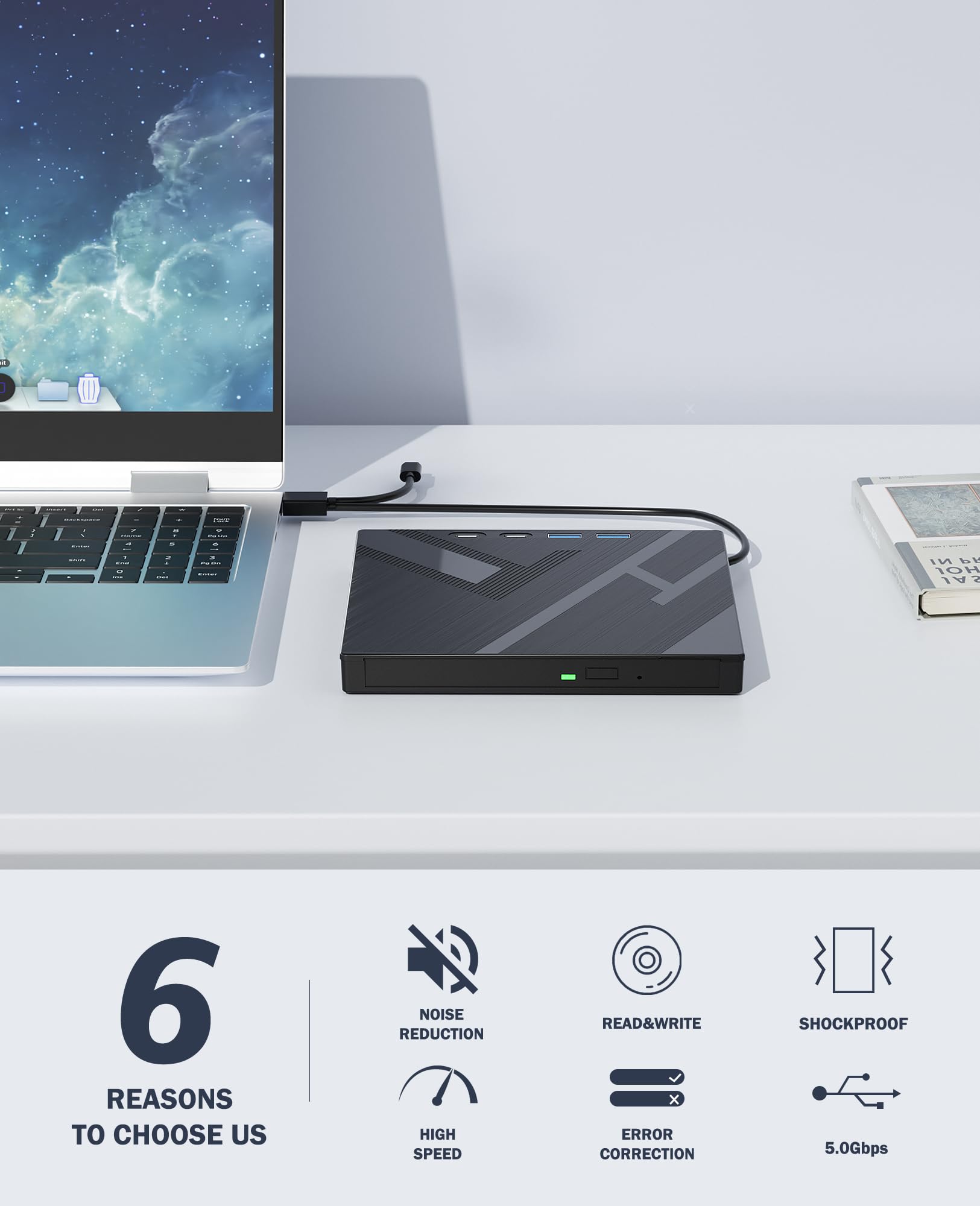 7 in 1 External CD/DVD Drive for Laptop, Portable DVD Player for Laptop with SD/TF Port, External DVD Drive with USB 3.0/Type C, CD Drive USB for PC Windows Linux