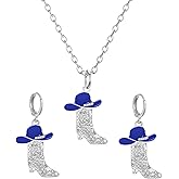 Dreuyet 3 Pcs Rhinestone Western Boots Hoop Earrings Necklace Set for Women Crystal Sparkly Cowgirl Earrings Bohemian Rodeo Boot Necklace Charm Country Concert Outfits Jewelry