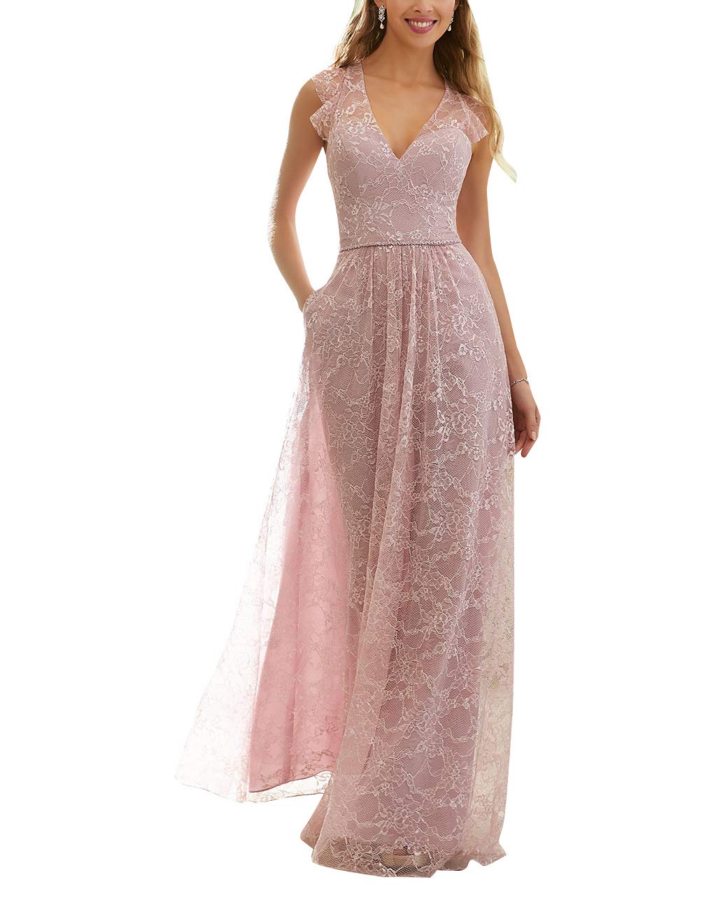Lace Bridesmaid Dresses with Pockets V Neck 2019 Formal Evening Gowns for Women Pink