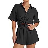 Flygo Womens Casual 2 Piece Outfits Cotton Linen Sets Button Down Oversized Shirt Shorts 2026 Pajama Lounge Beach Set