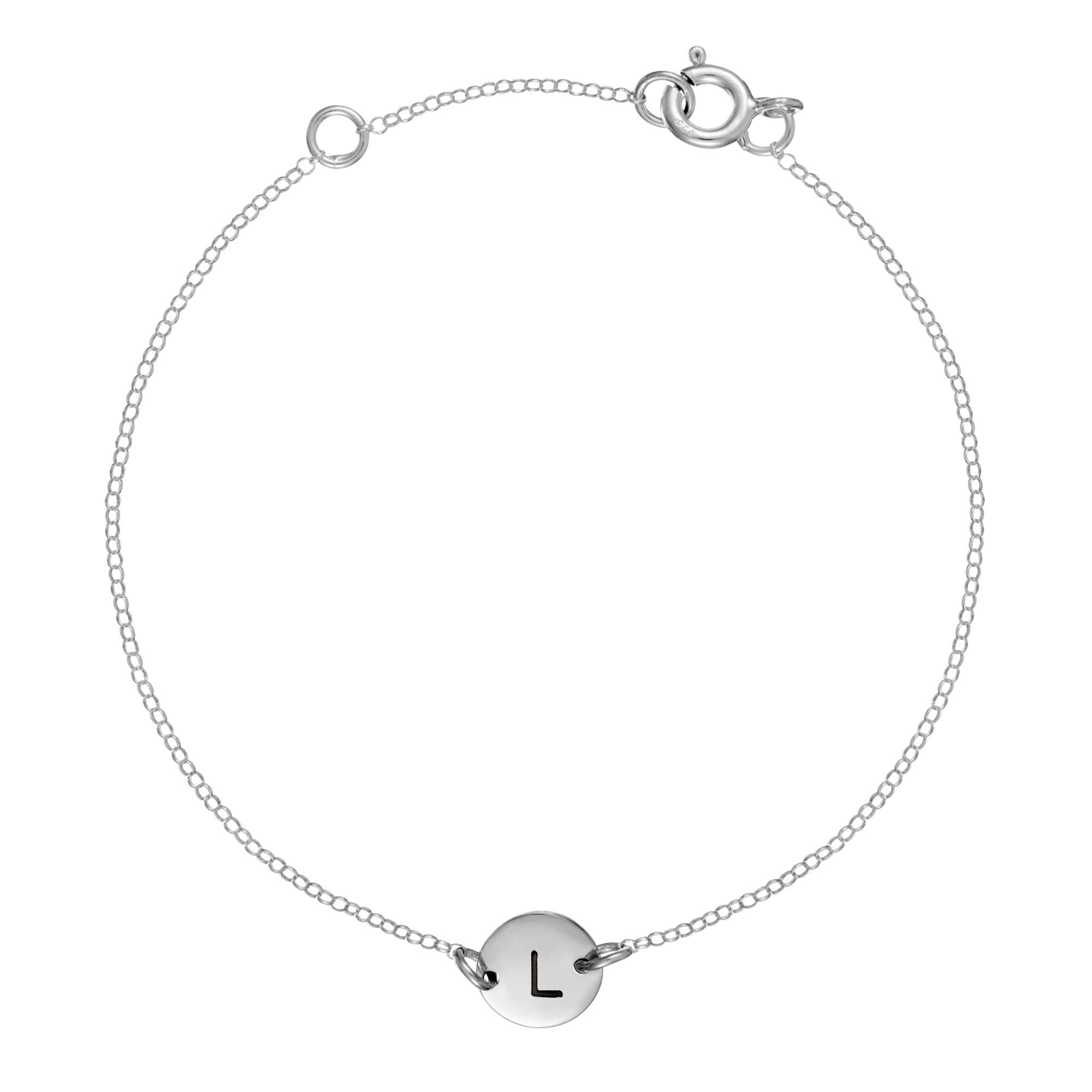 Silverly 925 Sterling Silver Initial Letter Chain Bracelet for Women in 925 Sterling Silver – Round Engraved Charm on Dainty Cable Chain – Simple Minimalist Personalised Name Jewellery