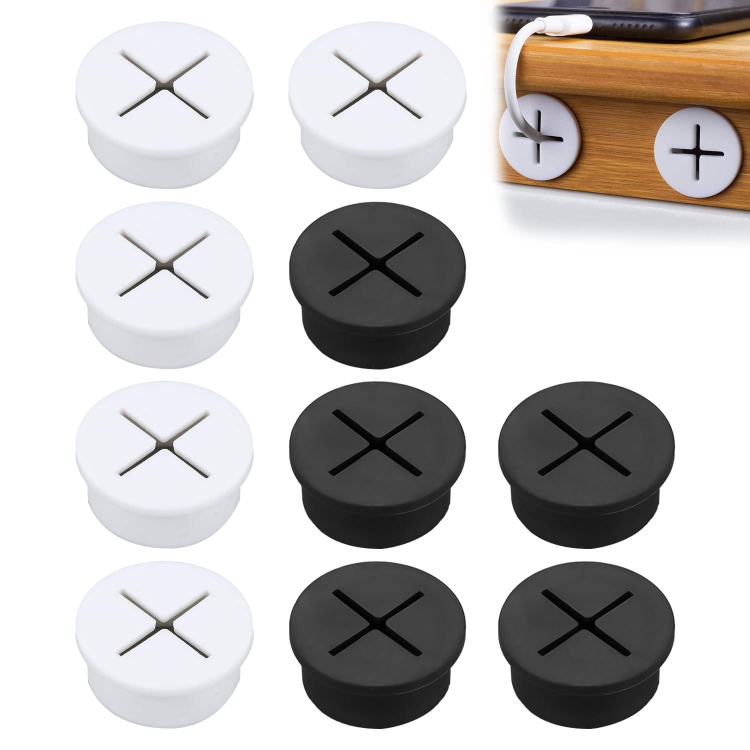 10 Pces Desk Grommets, Flexible Silicone Cable Grommets, Desk Cable Entry, Suitable for Home Desks, Office Desktops, Digital Product Display Desk Cable Organizers (Black & White, 25mm)
