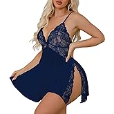 Crexomi Women Sexy Side Slits Lace-trimmed Lingerie Babydoll Dress Chemise Sleepwear Mesh Sheer Nightgown with Thong