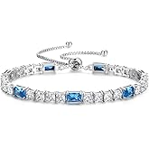 FANCIME Birthstone Bracelet for Women, Sterling Silver 4x6mm Gemstone Tennis Bracelet Bolo Adjustable Chain Fine Jewelry Birthday Gifts for Women Mom Wife Her