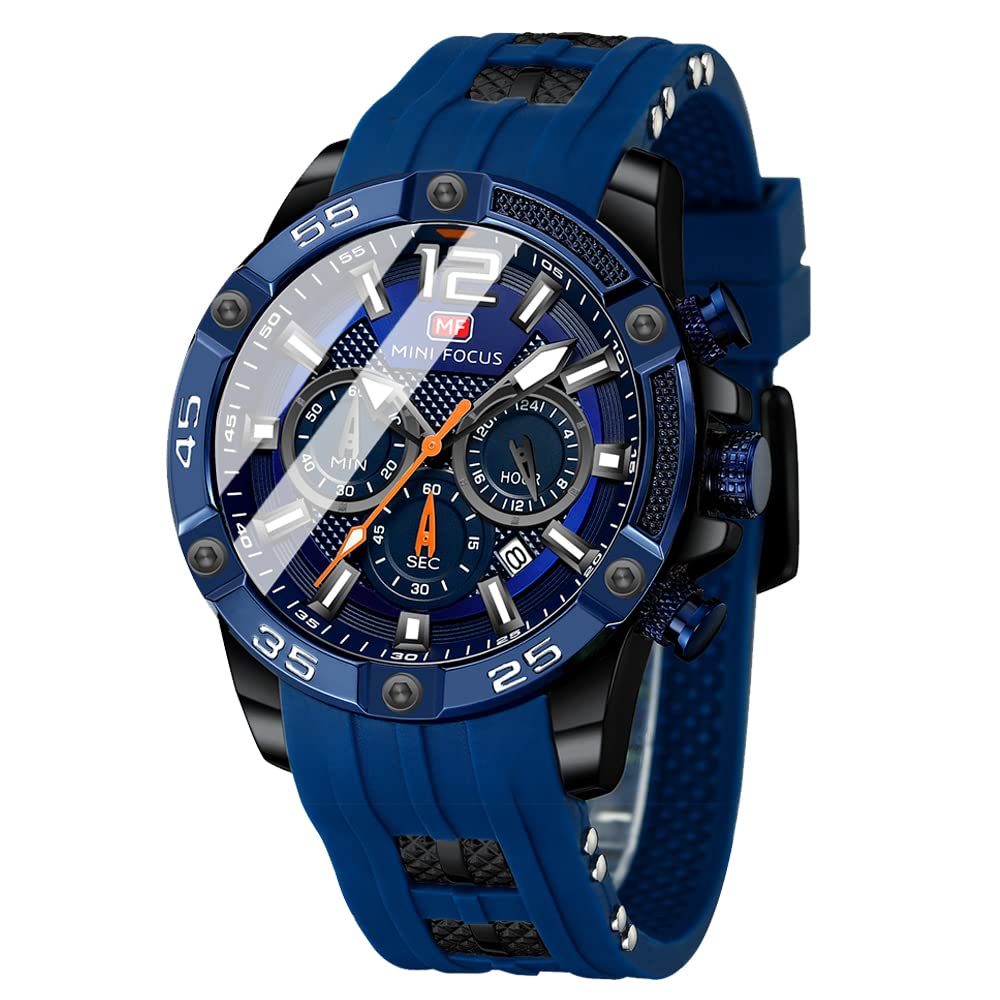 MF MINI FOCUS Men Watch, Chronograph Waterproof Sport Analog Quartz Watches Silicon Strap Fashion Wristwatch for Men, F-Black Blue, Chronograph,Quartz Watches