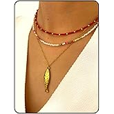 AIETUE Fish Necklace, 14K Gold Plated Layered Beach Summer Y2k Pendant Necklaces Beachy Choker Beaded Charm Non Tarnish Statement Dainty Stack Stainless Steel Jewelry Gift