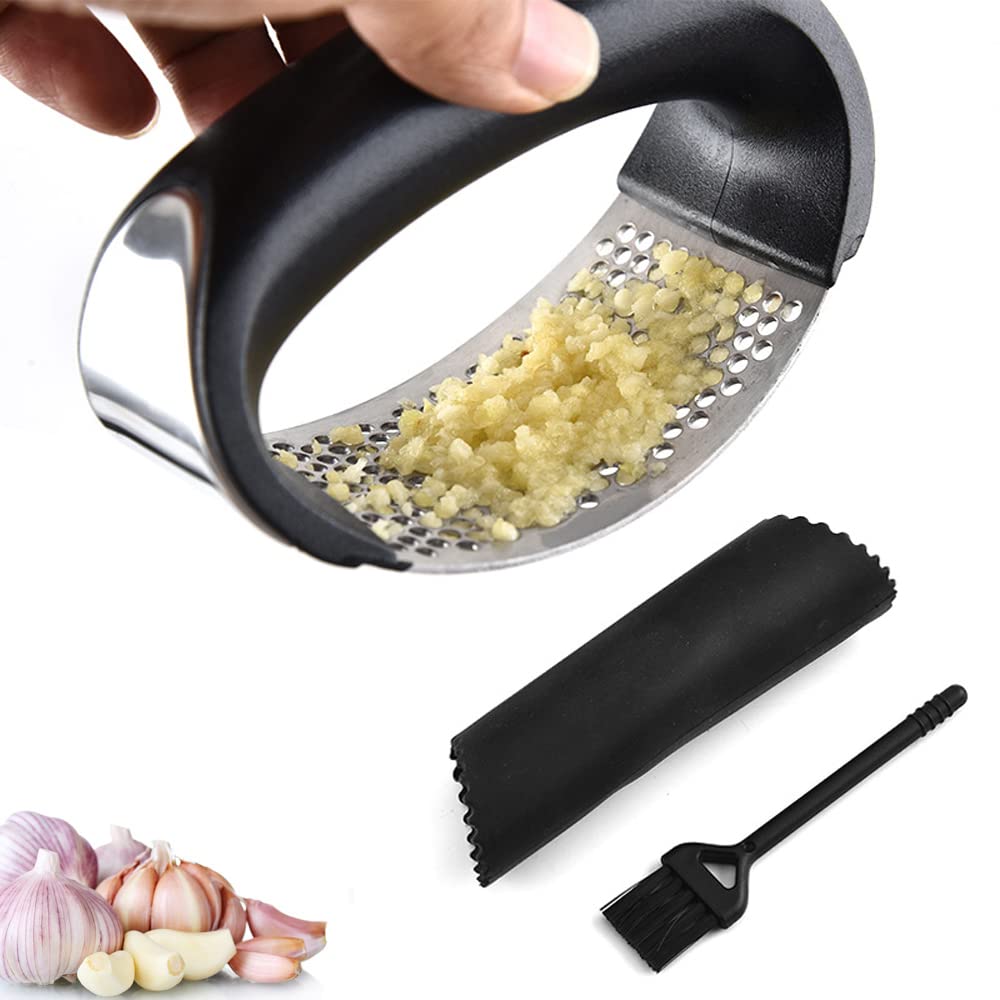 Garlic Press Rocker Stainless Steel, Garlic Mincer Tool with Garlic Peeler Tube, Sturdy Garlic Crusher Garlic Presser with Ergonomic Handle, Garlic Slicer & Grinder Extracts More Garlic Paste