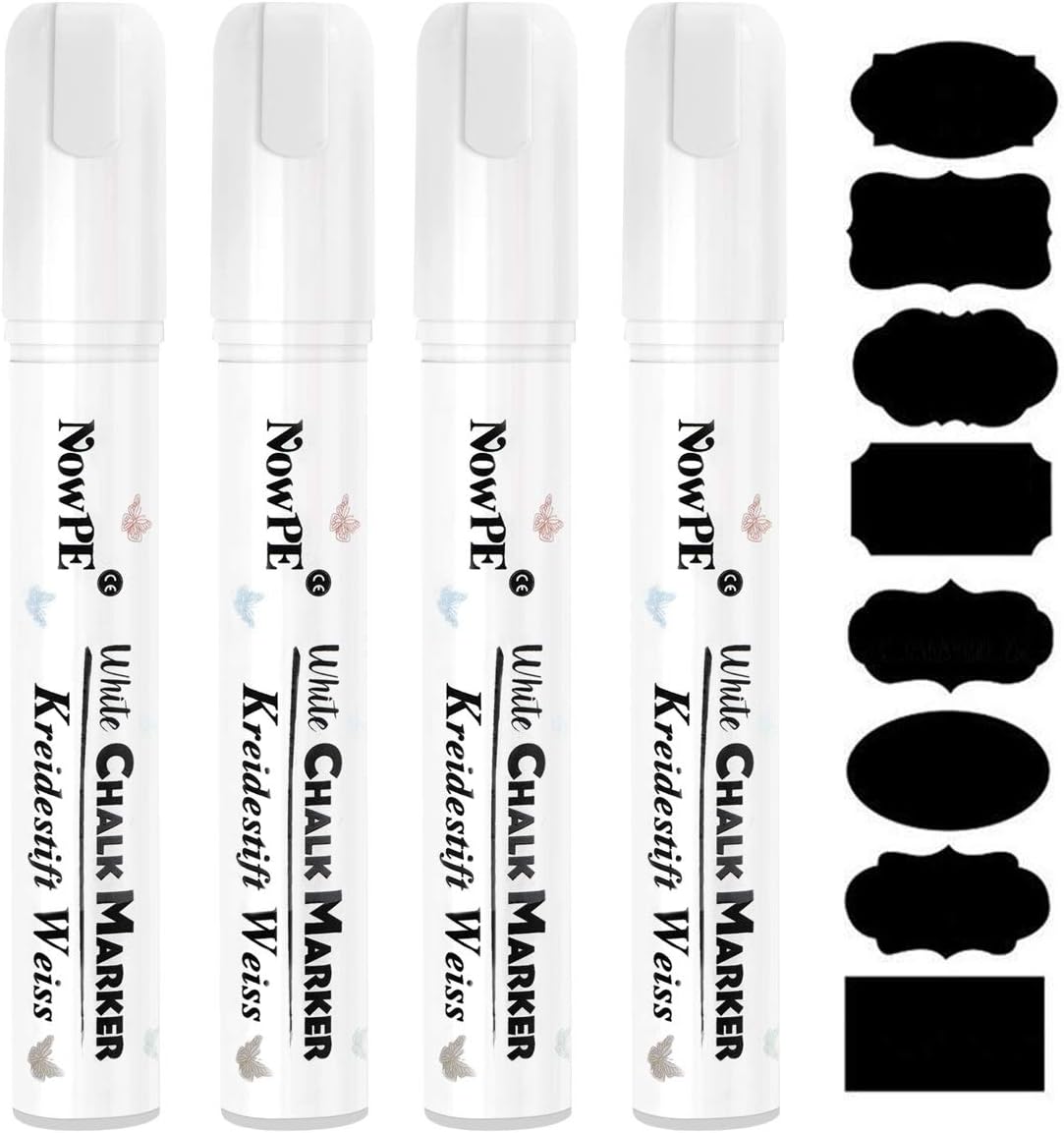 White Chalk Marker Pens, NowPE 10mm Chalk Pen, Dry or Wet Wipe Erase, Thick Tip Markers for Window Glass, Chalkboard