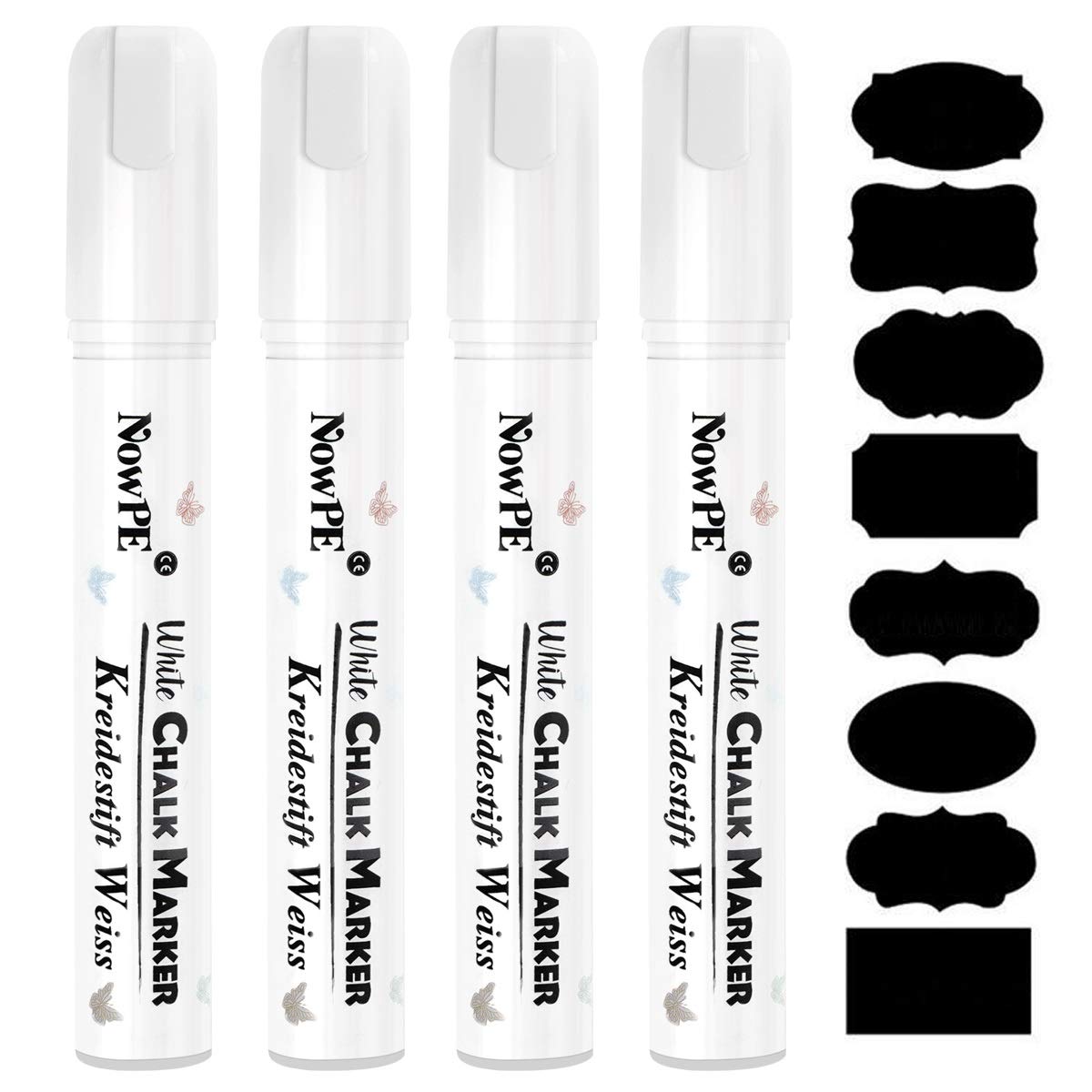 White Chalk Marker Pens, NowPE 10mm Chalk Pen, Dry or Wet Wipe Erase, Thick Tip Markers for Window, Glass, Chalkboard, Blackboard and All Non-porous Surfaces, 4 Chalks with 16 Chalkboard Lables Packed