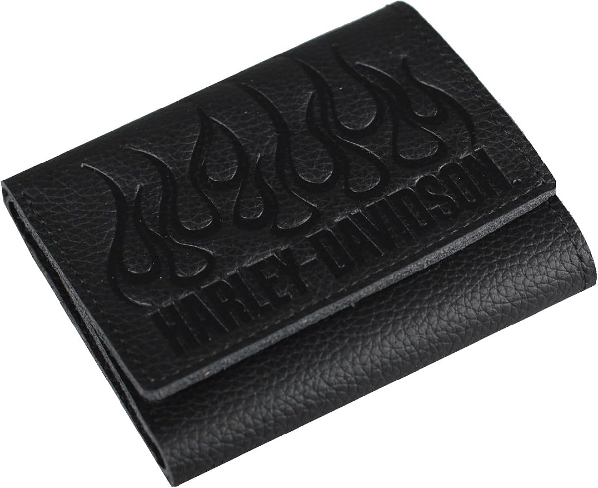 HarleyDavidson Mens Embossed Flames Trifold Leather Wallet, Black